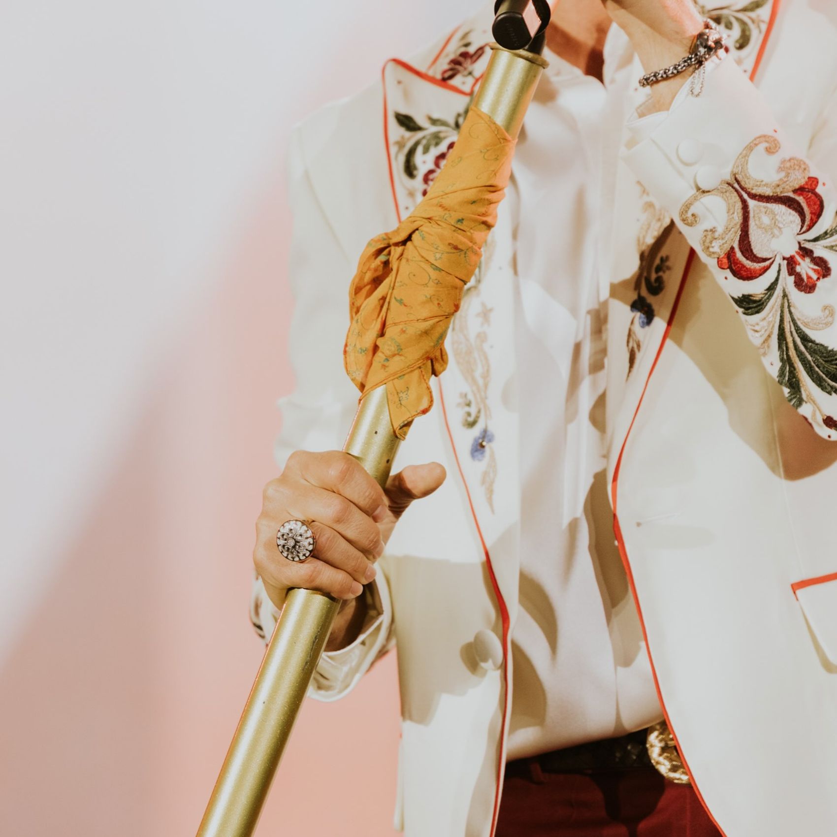 Hand embroidery detail on a stage jacket