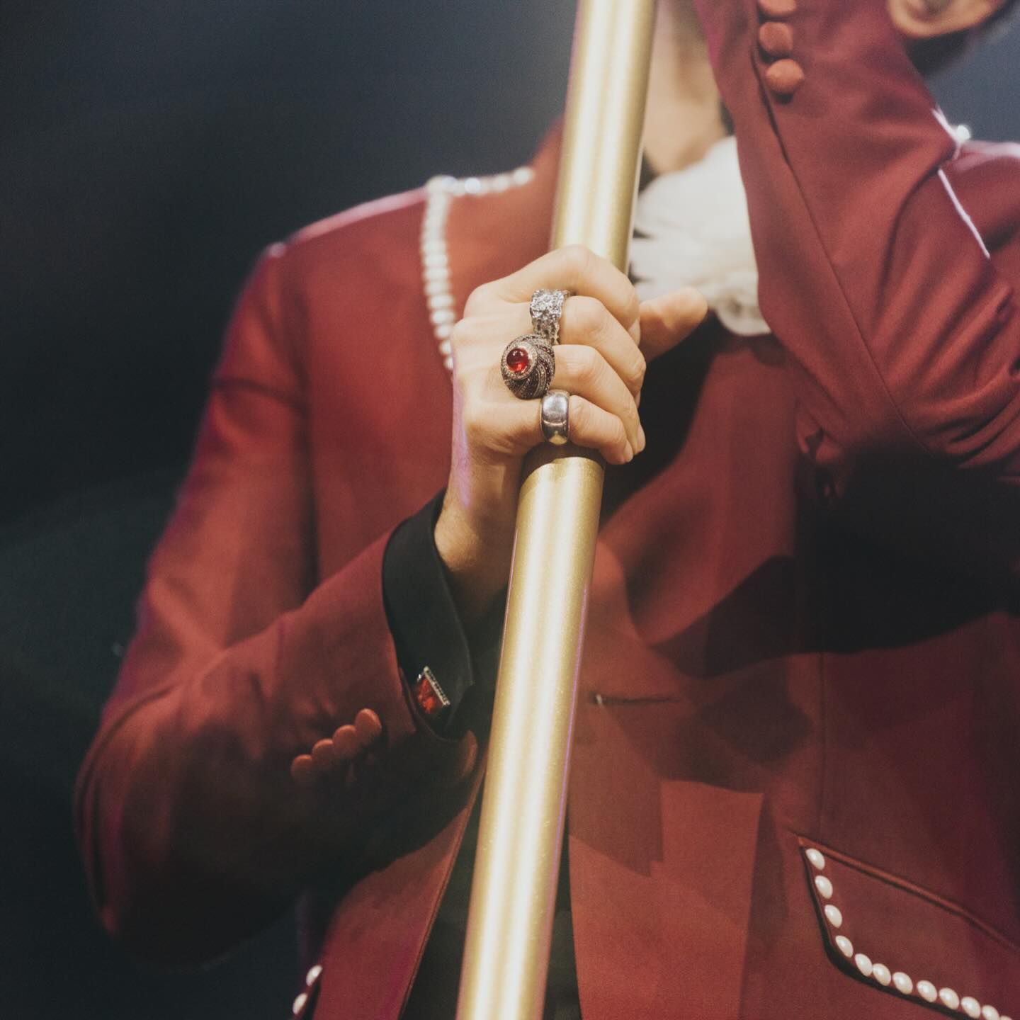 Pearl trim on a red jacket